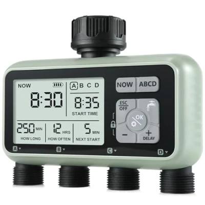 Imagen de CROSOFMI Programador Riego Automatico Jardin Temporizador con 4 Salidas Independientes Pantalla LCD/Operación fácil/Bloqueo para niños/Retraso por Lluvia intensa/Riego Manual