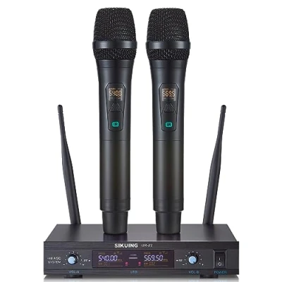 Imagen de sistema de micrófono inalámbrico, Metal Dual Pro UHF dinámico 2x30 frecuencias ajustables, mano para el hogar Karaoke, Reunión, Iglesia, 300ft Rango