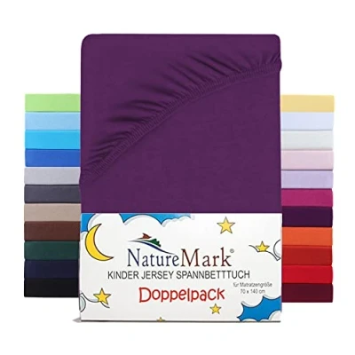 Imagen de NatureMark Juego de 2 sábanas bajeras ajustables para niños, 100% algodón, cuna y cuna, 70 x 140 cm, color lila