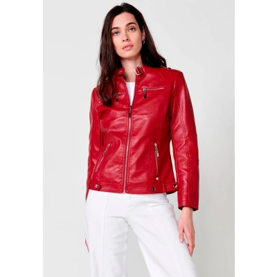 Imagen de Chaqueta Cazadora de efecto piel manga larga con Cuello redondo y Cierre delantero cremallera color Rojo para Mujer