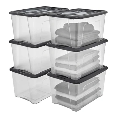 Imagen de Iris Ohyama 6 Cajas de Almacenaje Plastico con Tapa, 45L, Negro, Clips Cierre, Duradero, Apilable, para Dormitorio, Armario, Oficina, Organizadora, Ropa y Zapados, Libre BPA, NTB 45