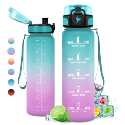 Imagen de Botella Agua 1L, Deporte, gimnasio, Motivadora y Prueba de Fugas, Reutilizable, Garrafa para Niño, Niña, Colegio, Preescolar, Guardería, Bicicleta, Gym