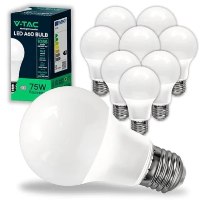 Imagen de V TAC 10x Bombillas LED E27, Edison A60 10,5W (Equivalente a 75W) 1055 Lumen 6500K Blanco Frìo Apertura del Haz de Luz 200 Máxima Eficiencia y Bajo Consumo