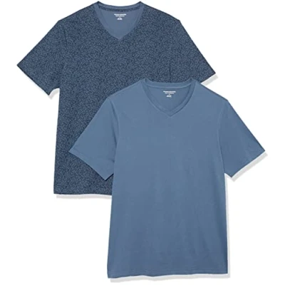Imagen de Amazon Essentials Camiseta de manga corta, cuello pico, corte recto (disponible en tallas grandes y largos especiales) Hombre, Pack 2, Azul Efecto Lavado/Estampado Floral, M