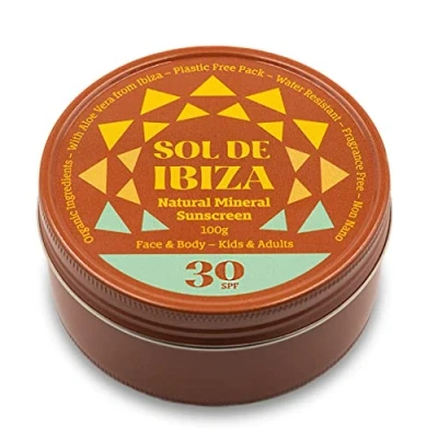 Imagen de Sol de Ibiza Protector Solar Mineral SPF50 Cara &amp; Cuerpo Ingredientes Naturales Plastic Free Óxido Zinc Non Nano Vegano Deportes Adultos Niños 100g