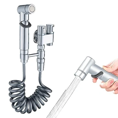 Imagen de Duchas Higienicas grifo Bidet para WC con 1 En 2 Fuera Válvulas de Cobre Fino, Manguera y Soporte 2M, la Higiene Personal Diaria wc,Silver