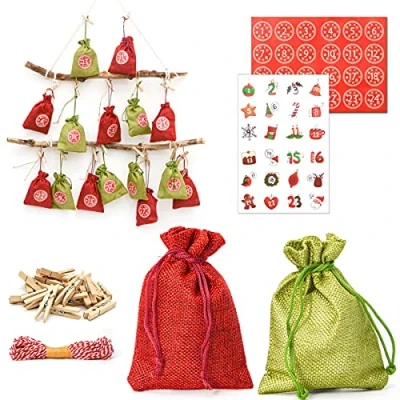 Imagen de DuneDesign Calendario de Adviento para Rellenar 24 Bolsas Regalo Decoración Navidad DIY (Negro, Beige, marrón)