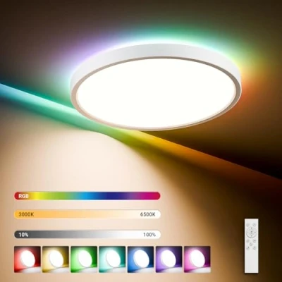 Imagen de LQWELL® Lámpara de Techo LED Regulable con Control Remoto, 24W, 2500LM, 3000 6500K RGB, Iluminación Redonda y Plana IP44 para Sala Estar, Dormitorio, Comedor, Pasillo, 300 x 40 mm