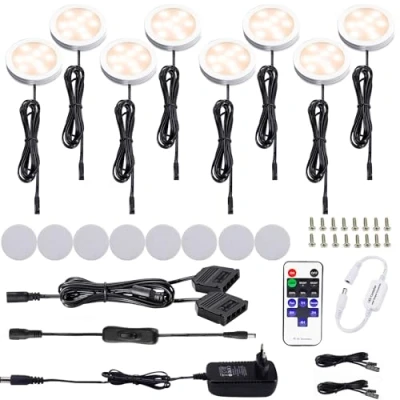 Imagen de AIBOO LEDCocina Regulable Debajo de La Luz del Gabinete con Control Remoto Inalámbrico por RF,Iluminación Empotrada en LED,8 Paquetes Luces LED 12V16W Pantalla(Blanco Caliente2700K)