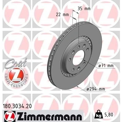 Imagen de ZIMMERMANN COAT Z 180.3034.20 Disco de freno 294 22 8/5 5 108 ventilación externa revestido PEUGEOT: Expert III Furgón, Traveller