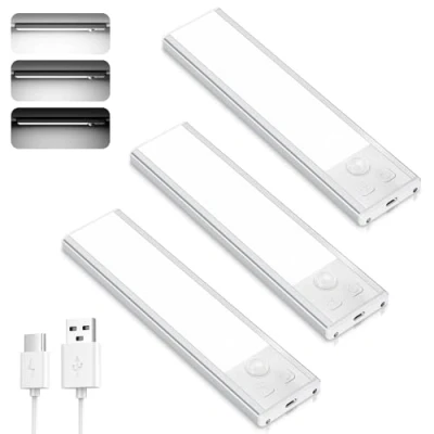 Imagen de TOPPLEE Luz de Armario, 3 Piezas 6500K Nocturna con Sensor Movimiento, USB Recargable LED Armario para Gabinete, Cocina, Escalera, Pasillo, Sótano, Garaje Blanco Frio