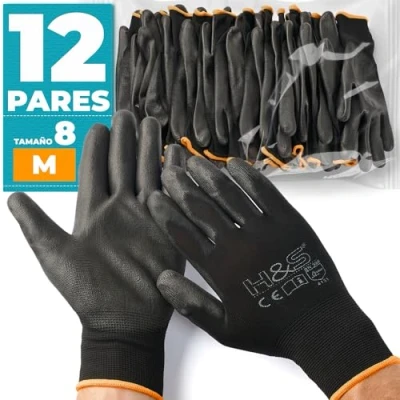 Imagen de 12 pares de guantes trabajo ISC H&amp;S, nylon, revestimiento PU; en tallas S pequeña (7), media M (8), L grande (9), XL x (10), XXL (11); sin costuras, versátil, negro, (9)