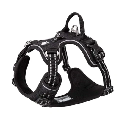 Imagen de Arnés para perro, sin tirones, ajustable, reflectante, de nailon suave, mascotas pequeñas y grandes, TLH56512 (XL, negro)