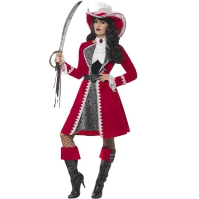Imagen de Smiffys Disfraz de capitana auténtica lujo, Rojo, con vestido, chaqueta, corbata y fundas para las botas