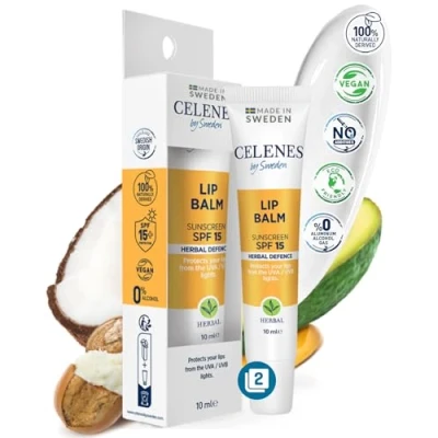 Imagen de Celenes by Sweden Bálsamo Labial con Hierbas SPF 15 (Paquete de 2) 10 ml Protección Solar, Hidratación Intensa Aceite Coco y Aguacate, Vegano, Sin Alcohol, Ideal para Todo Tipo Piel