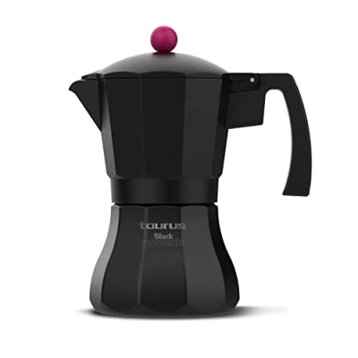 Imagen de Taurus Black Moments 3 Cafetera italiana, tazas, base y filtro de acero inoxidable, válvula seguridad, cierre silicona para mayor todos los fuegos, tapa transparente, negro