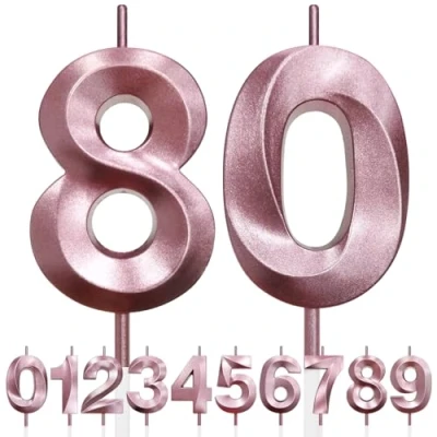 Imagen de 80th Vela de Cumpleaños con Purpurina oro rosa y Diseño 3D Número 80, Velas Números, Decoración Tarta, Tarta para Fiesta Cumpleaños, Aniversario Boda,