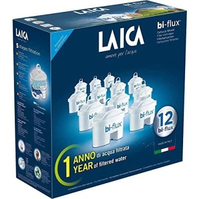 Imagen de Cartuchos de filtro agua LAICA Bi Flux Conservan las sales minerales y Reducen el cloro los metales pesados la dureza del grifo para jarras agua, paquete 12