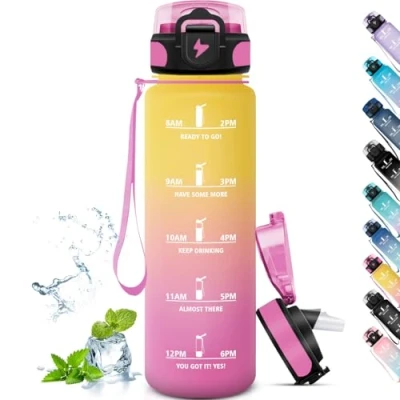 Imagen de Grsta Botella Agua, Agua 1 Litro con Pajita, Gimnasio, Fácil de Limpiar, Grande, Marca Tiempo, Reutilizable para Senderismo, Yoga, Correr, Oficina