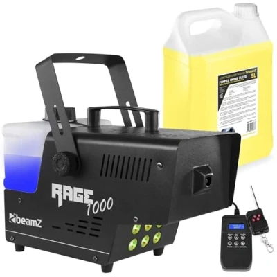 Imagen de BeamZ RAGE1000LED Máquina de Humo con Efecto Luz + 5 Litros Líquido Humo, 1000 Watt, Líquido, Niebla, Mando a Distancia, Tanque 2 Litros, Temporizador, DMX
