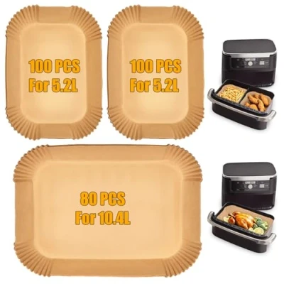 Imagen de 180 Piezas Papel Freidora Aire para Ninja Foodi Flex AF500EU, 5.2L 10.4L Air Fryer Cuadrado, Antiadherente Desechable Forro Paper Pergamino Horno Cosori Dual