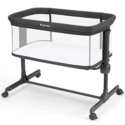 Imagen de Ezebaby Cama de colecho, Cuna bebé 2 en 1, Desde el Nacimiento hasta los 9 kg, 7 ajustes Altura, con colchón Ruedas Ventanas Laterales Malla (Gris Oscuro)