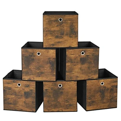 Imagen de SONGMICS Caja Almacenaje, Juego de 6 Cajas Almacenamiento con Asa, Organizadora Tela Oxford y no Tejida, 30 x cm, Ajustable, Plegable, MarrÓn RÚstico Negro RFB102B01