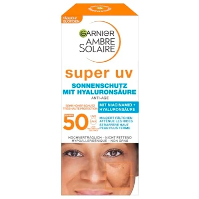 Imagen de Garnier Crema solar antienvejecimiento SPF 50 con hialurónico y vitamina B antiarrugas sequedad, Ambre Solaire 1 x ml