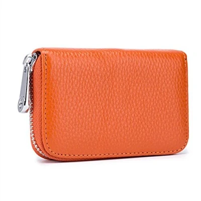 Imagen de AprinCtempsD RFID Cartera Tarjeteros Mini Cuero Genuino Monedero Pequeñas Piel con Cremallera Portatarjetas por Mujer Homber (Naranja)