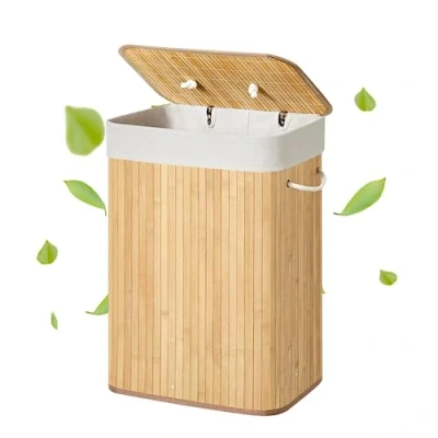 Imagen de Solty Cesto Ropa Sucia con Tapa De Bambu Cubo Colada Lavanderia Asa Plegable Natural, Asas para Dormitorio y Hogar 60 L Capacidad (Rectangular)