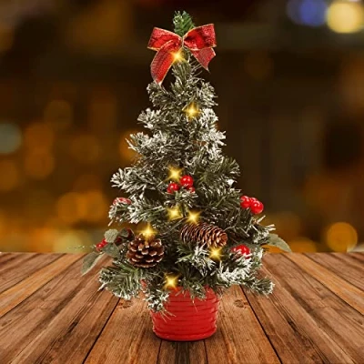 Imagen de Belle Vous Mini Árbol de Navidad Artificial Mesa con Luces LED 40 cm Decoracion Bayas, Piñas Pino y Lazos Adornos Navideños para el Hogar, Sala Estar