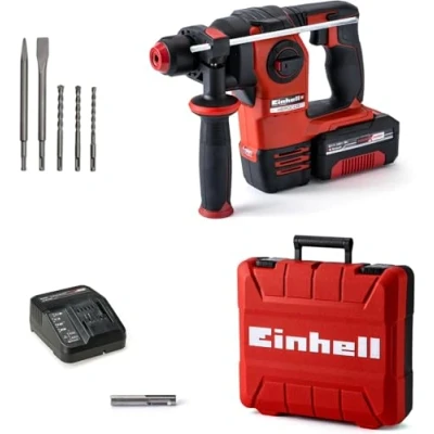 Imagen de Einhell Kit Martillo perforador con batería HEROCCO+5 Power X Change (iones de litio, 18 V, 2.2 J, Nm, SDS Plus, incl. 3,0 Ah, cargador, 3 brocas, cincel plano, punta y E Box)
