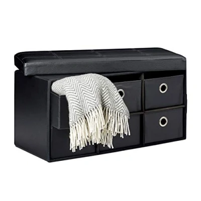 Imagen de Relaxdays Banco Plegable, Taburete 6 Compartimentos de Almacenamiento, 38x76x38 cm, Cuero Sintético, Negro