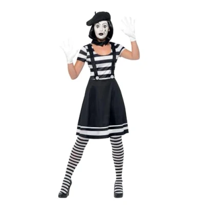 Imagen de Smiffys Disfraz de dama mimo, Negro, Vestido, cuello, boina, guantes, medias y maquillaje