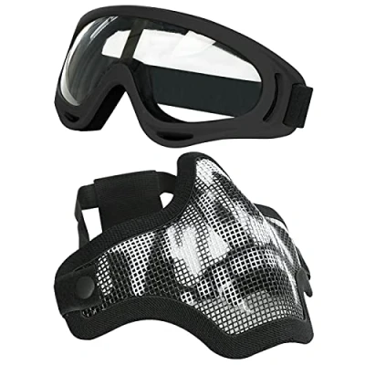 Imagen de Aoutacc Juego de máscaras y Gafas Airsoft, máscara Malla Acero Completa Media Cara para CS/Caza/Paintball/Disparos (Black Skull Mask)