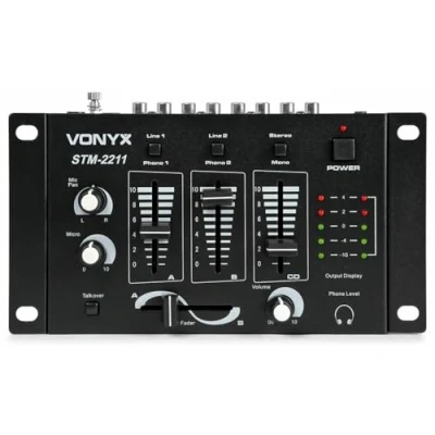 Imagen de Vonyx STM 2211B Mezclador de 4 canales. 3 canales mono/estéreo conmutables, 2 phono/línea entradas micrófono con función talkover, salida auriculares. Montaje en rack.