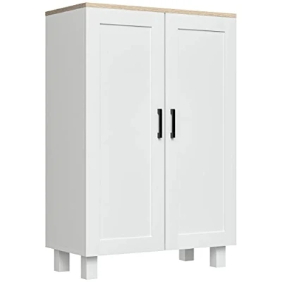 Imagen de HOMCOM Armario de Salón Moderno Almacenaje con 2 Puertas Estante Ajustable y Base Elevada para Cocina Comedor Pasillo Dormitorio Dispositivo Antivuelco 60x30x90 cm Blanco