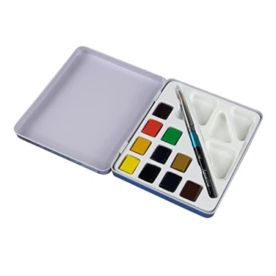 Imagen de Daler Rowney D131900910 Set Metálico de Viaje Acuarela Aquafine, con 10 Colores Surtidos (10 Medio Godets) y Pincel