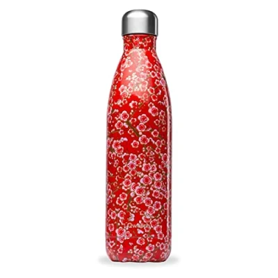 Imagen de Qwetch QD3276 Botella isotérmica, Adultos Unisex, Flores roja, 750 ml
