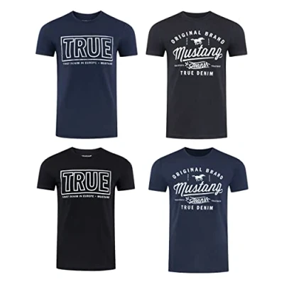 Imagen de Mustang Camiseta de Manga Corta para Hombre, Paquete 4 Unidades, con Estampado Frontal, Cuello Redondo, Corte Normal, 100% algodón, L