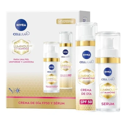Imagen de NIVEA Cellular LUMINOUS 630 Pack Antimanchas Tratamiento Avanzado, set de regalo con sérum facial (1 x 30 ml) y crema día 40 para una piel uniforme luminosa
