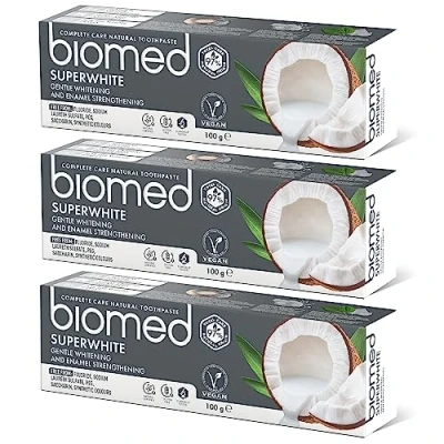 Imagen de Biomed Superwhite Natural Coconut Toothpaste for Gentle Whitening, Tropical Flavour 100 g (pack of 3) New Formula and (Packaging May Vary)