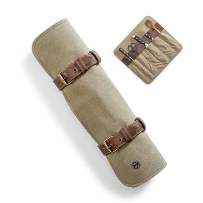 Imagen de Angus Stoke Funda para cuchillos de cocina lona y piel, rollo grande chef, bolsa chefs, camping barbacoa Scott, beige, Estuche enrollable