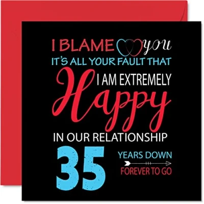 Imagen de Divertida Tarjeta de aniversario coral para marido y esposa Your Fault I&#039;m Extremely Happy felicitación 35 boda pareja, tarjetas 145 mm x