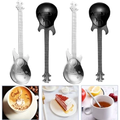 Imagen de 4 Piezas cucharas De Café, Acero Inoxidable, Guitarra Cucharillas café Espresso Moka, para té Postre Chocolate Caliente Yogur Helado, Plata, Negro