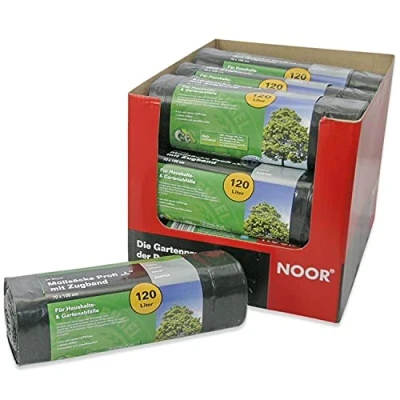 Imagen de NOOR bolsas de basura profesionales 120 L, reciclables con cordón para un uso fácil, extrafuertes el hogar y jardín, rollo 20 unidades