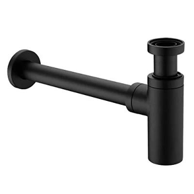 Imagen de Keymark sifón de diseño negro mate, latón para lavabo y lavabo, universal, botella 1 1/4 x 32 mm, tapón antiolores P Trap