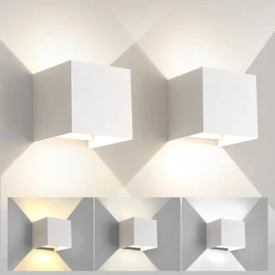 Imagen de FUPE 2 Piezas Aplique de Pared exterior Interior luz ajustable 3 Colores LED Lámparas Moderno Blanca 6W IP65 Impermeable Apliques cuadrada aluminio Ángulo