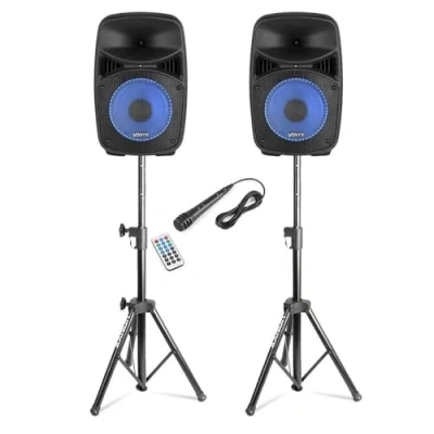 Imagen de Altavoces Disco 8&quot; 400W Bluetooth LED Juego con Altavoz Activo y pasivo, micrófono de Mano, Soportes Ajustables 1.5m, USB SD Control Remoto Set Completo para Fiestas Karaoke