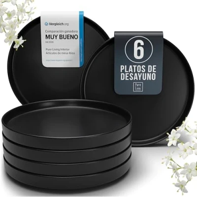 Imagen de Plato de desayuno Negros Mate 6 Unidades Manhattan Juego Vajillas Completas para Personas, Gres Premium, Aptos Lavavajillas y Microondas Elegantes Platos Set Vajilla Black Line
